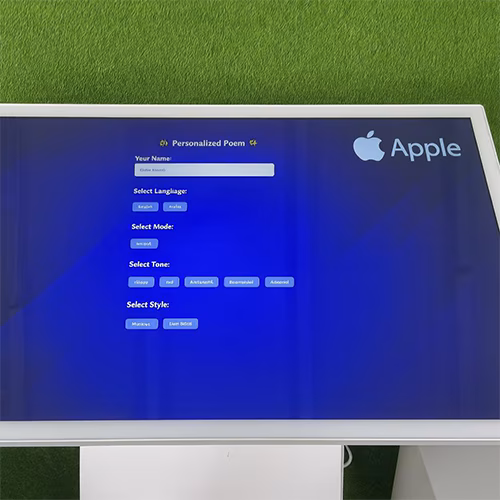 Young Emirati guest using AI Poem Generator kiosk in Dubai, creating personalized Arabic or English poem with instant printout and event branding