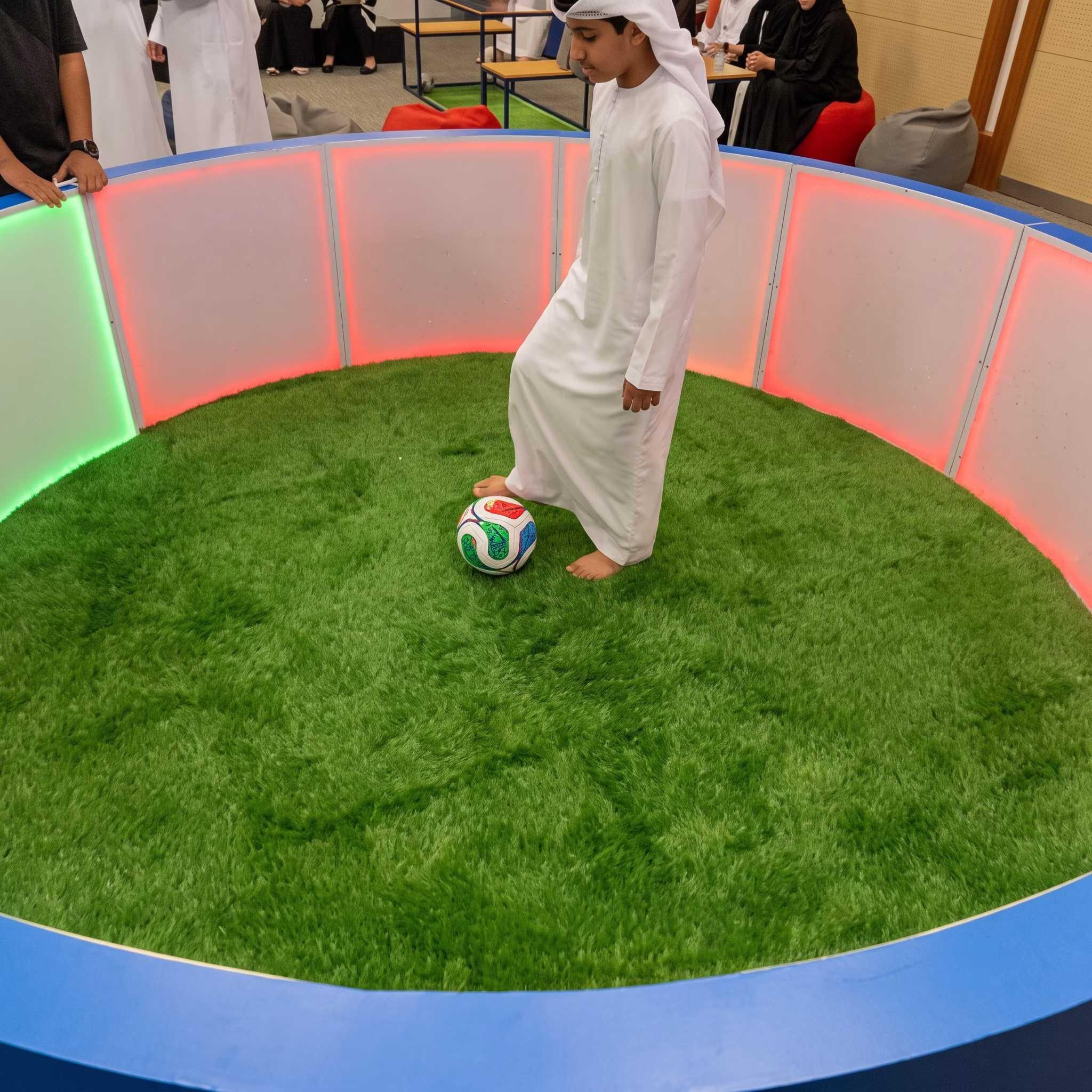 Custom-branded Interactive Football Arena setup at a Dubai exhibition venue with an electronic leaderboard for competition