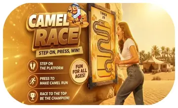 Guests playing the Interactive Camel Race in Dubai, running on custom foot pads to make digital camels sprint across a massive LED screen at a live event.